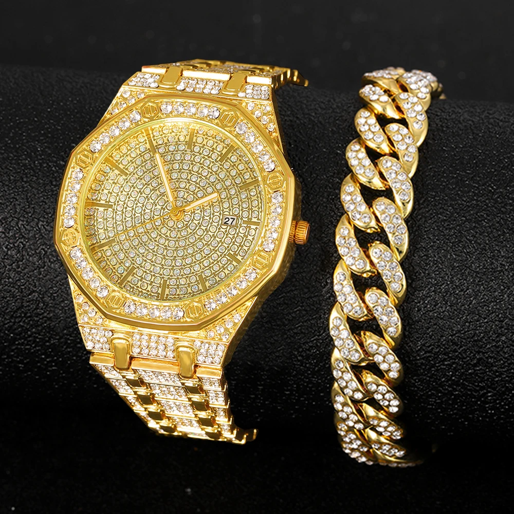 2021 Iced Out Watch Bracelet for Women Mens Watch New Big Gold Cuban Chain Hip Hop Jewelry Set Rhinestone Gold Watch Men Miami
