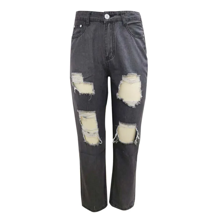 

ZQLZ High Waist Knee Hole Fashion Vintage Jeans Women Full Length Wide Leg Streetwear Ripped Denim Pants Loose Casual Mom Jeans
