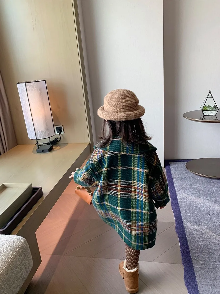 

2-7Year Kids Plaid Woolen Jacket And Coat Children Long -length Wind Coat Kids Clothes Girls Autumn Winter Clothing Outerwear
