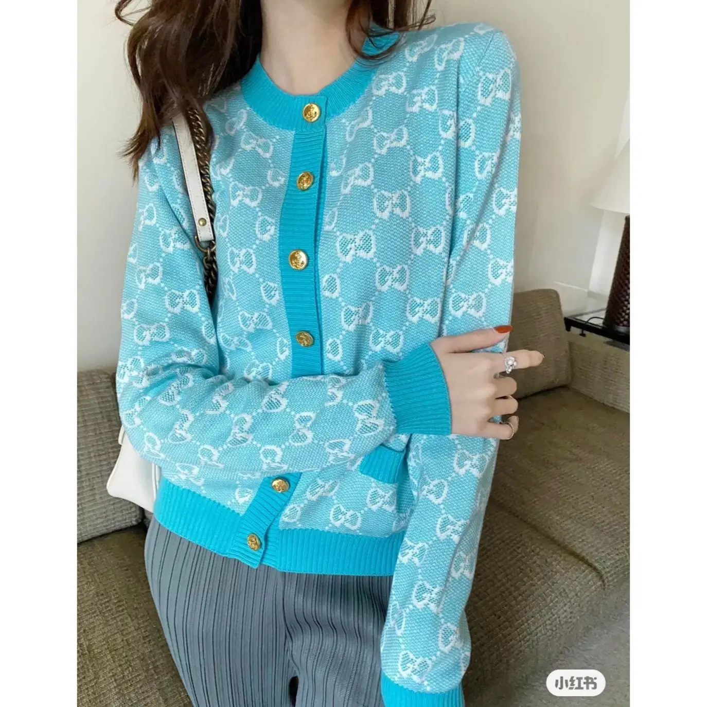 

20 new autumn high quality French double G letter jacquard logo round neck knitted cardigan temperament sweet coat girl