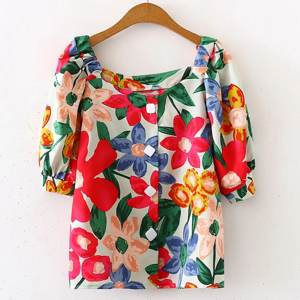 

Retro Boho Print Chiffon Blouse Women Square Collar Chiffon Tops Retro Printing Short Sleeve Chiffon Blouse #20