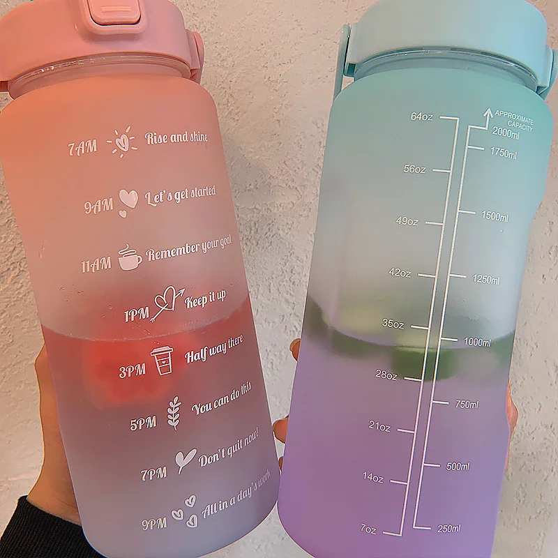 

2L Large Capacity Water Bottle With Bounce Cover Time Scale Reminder Frosted Leakproof Cup For Outdoor Sports Fitness