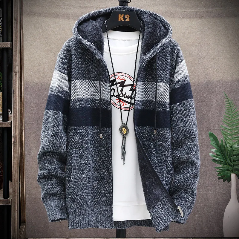 Men's Hooded Jumper Casual Sweater Coat Fleece wool Autumn/winter Warm Loose Cardigan Zip Up Jacket Male Knitwear