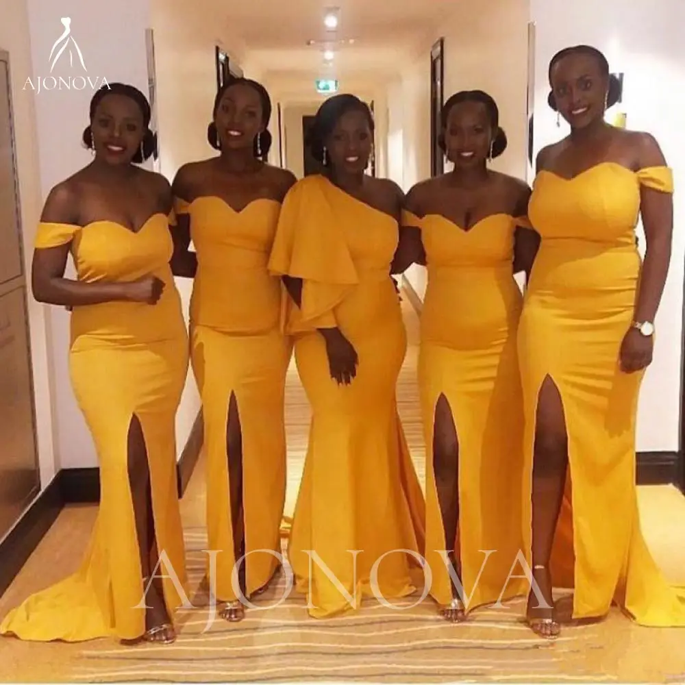 

Yellow Satin Wedding Party Dresses for Bridesmaid Off the Shoulder Mermaid Side Split Bridesmaid Dress Woman Elegant Gowns Women