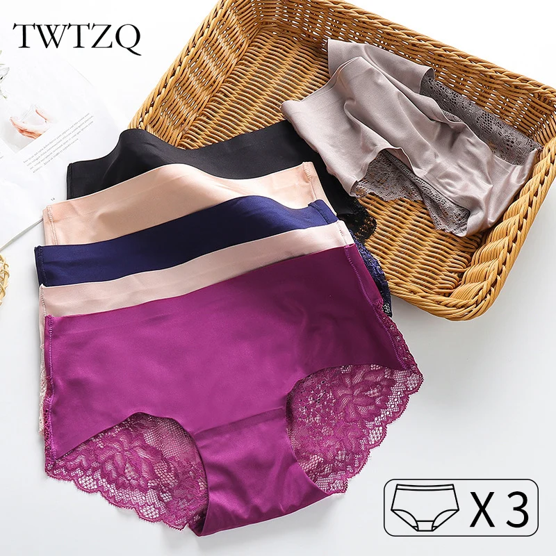 

3Pcs Sexy Women Panties Ice Silk Seamless Underwear Sexy Briefs Lace Soft Hollow Out Underpants Size M-XXL