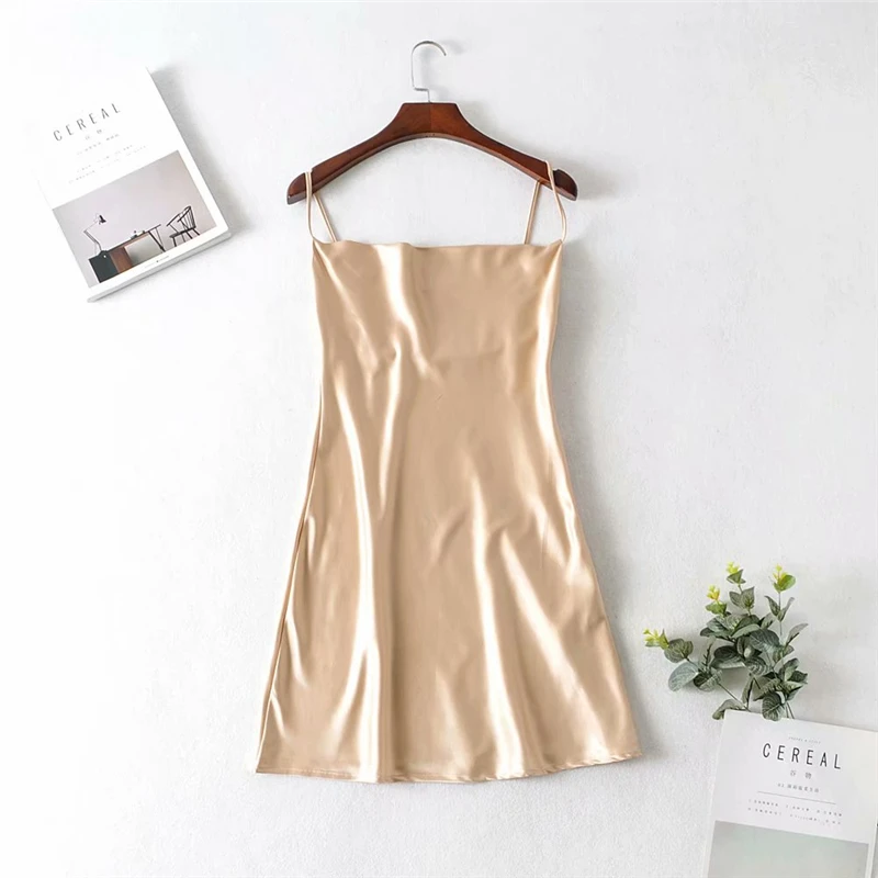 kahaki Vintage chic women sleeveless beach strapless mini dresses Ladies Summer satin happie dress vestidos - Цвет: kahaki