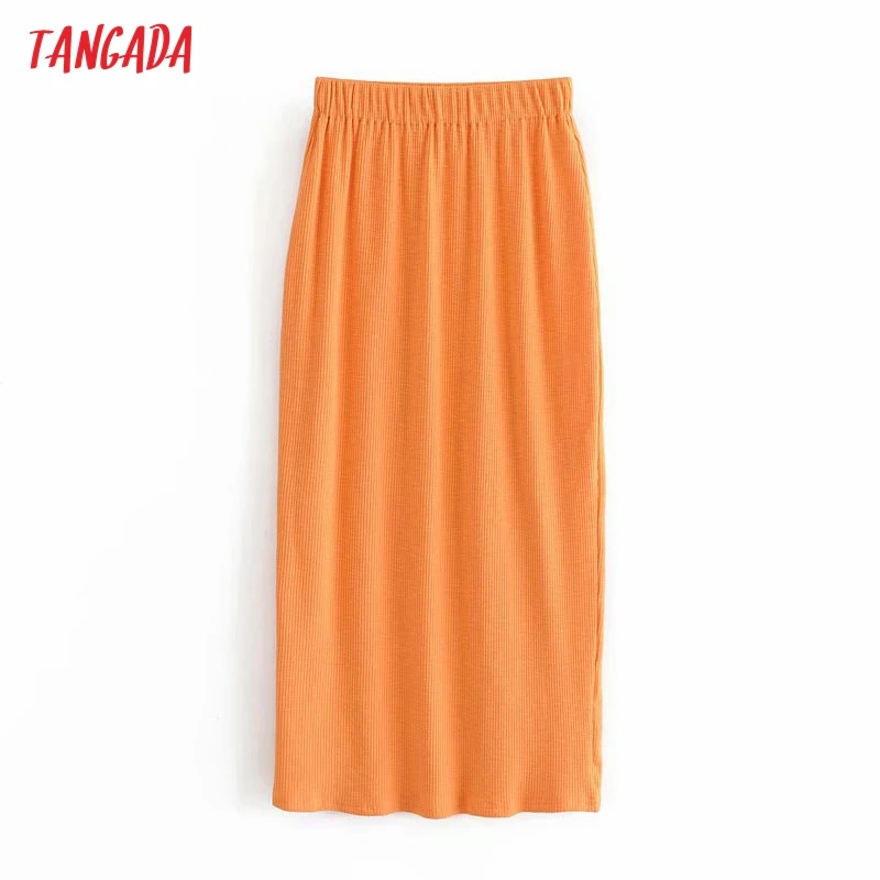 

Tangada Women Orange Pencil Midi Skirt Strethy Waist Ladies Elegant Chic Mid Calf Skirts 3W181