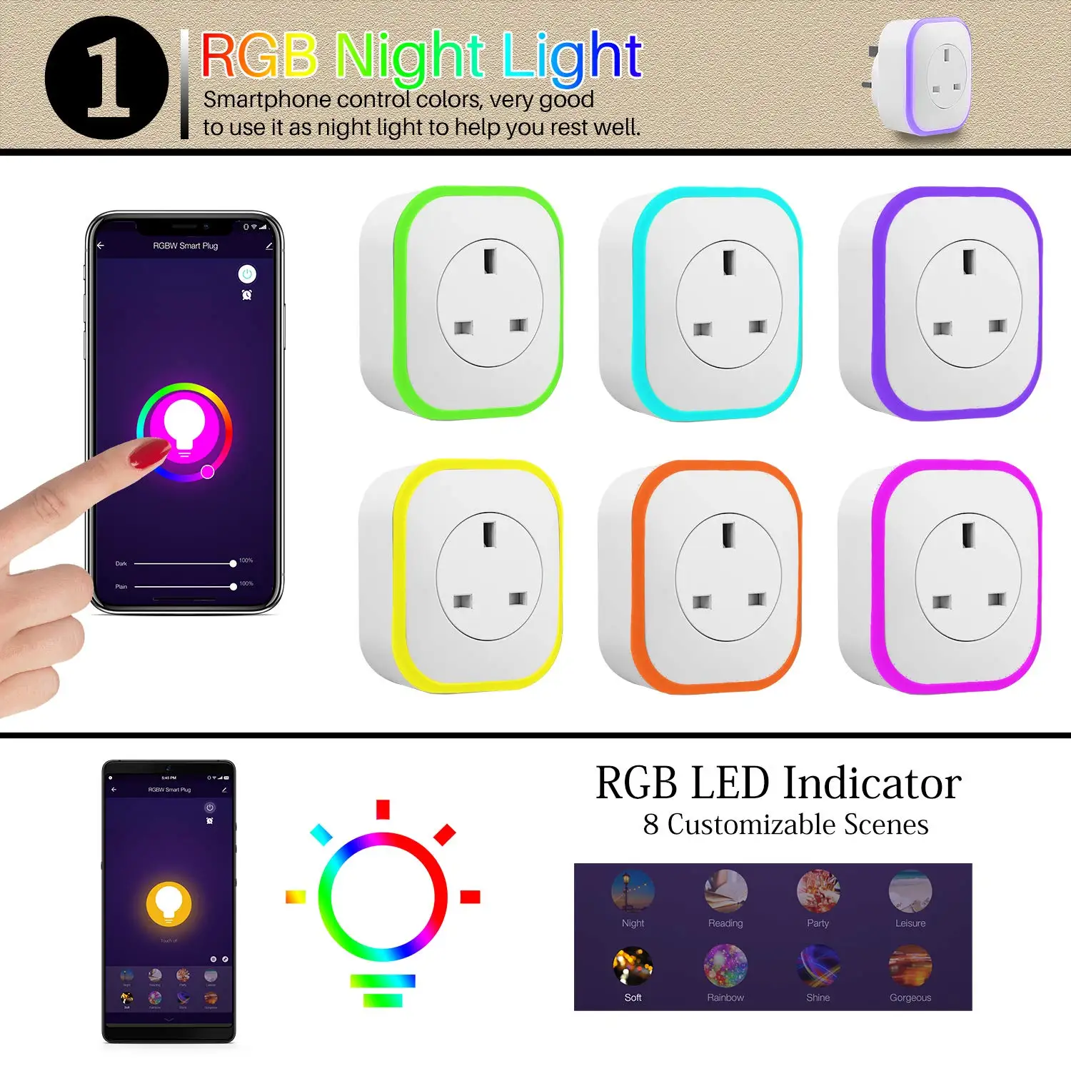 Умный WiFi штепсельная вилка розетки Великобритании выключатель питания с RGB