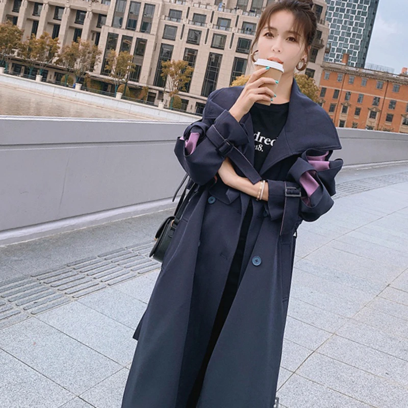

Fashion Contrasting Color Windbreaker Women's Clothing Spring Autumn Coats 2022 New Korean Long Trench Coats With Belt D929