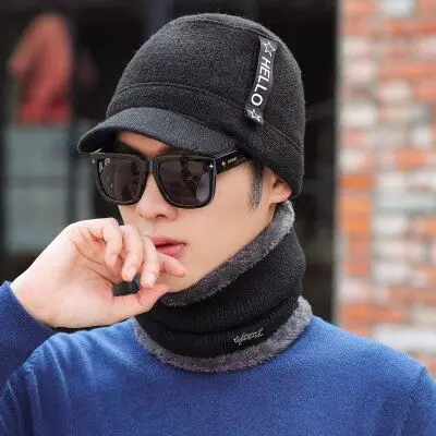 Зимние шапки Skullies Beanies, зимние шапки бини для мужчин и женщин, шерстяной шарф, шапки, Балаклава, маска, шапка, вязаная шапка, новинка - Цвет: Black Hat scarf set