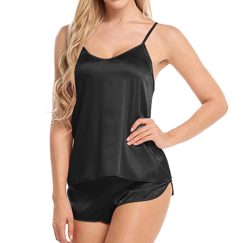 

Women Synthetic Silk Sexy Pajamas Sleeveless V Neck Camisole Set 2 Piece Suit Women Sleepwear Soft Bikini Suit Vest Short 2021