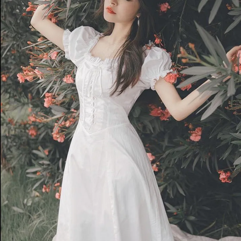 

Elegant Fairy Dress Women White French Puff Sleeve Chiffon Dress Korean Japan Style Sweet Vintage Retro Summer Dress 2020