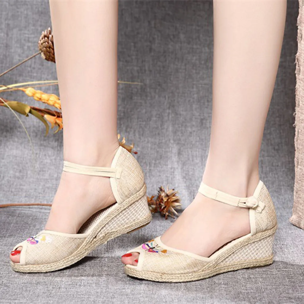 Retro woven women sandals embroidered casual wedge heel simple beach slippers flip-flops soft fashion summer non-slip | Спорт и