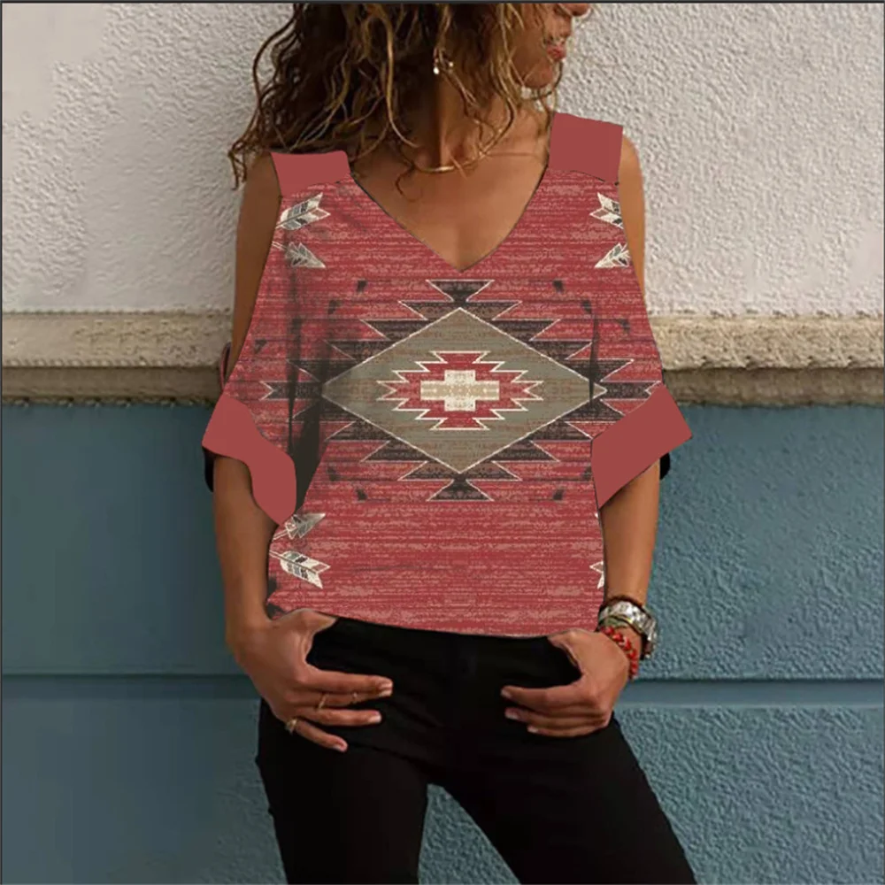 Купи Summer Off Shoulder Vintage Ethnic Print Half Sleeve T-Shirts Women Casual Loose Tops Female T Shirts Ladies 2022 New за 500 рублей в магазине AliExpress