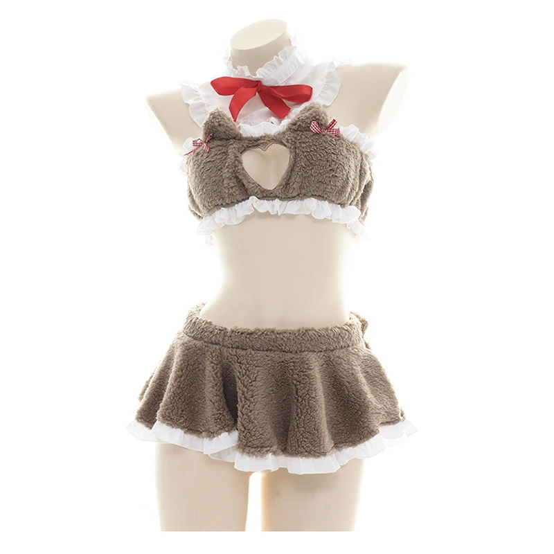 

Exotic Sexy Cat Girl Cosplay Uniform Love Open Chest Cat Ears Plush Bra Short Skirt Suit Kawaii Pajamas Women's Erotic Lingerie