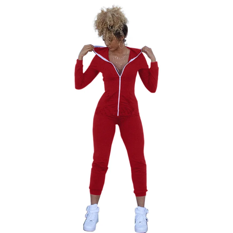 

Women's wear European and American women's autumn new solid color tight zipper Jumpsuit pants women jogging pants