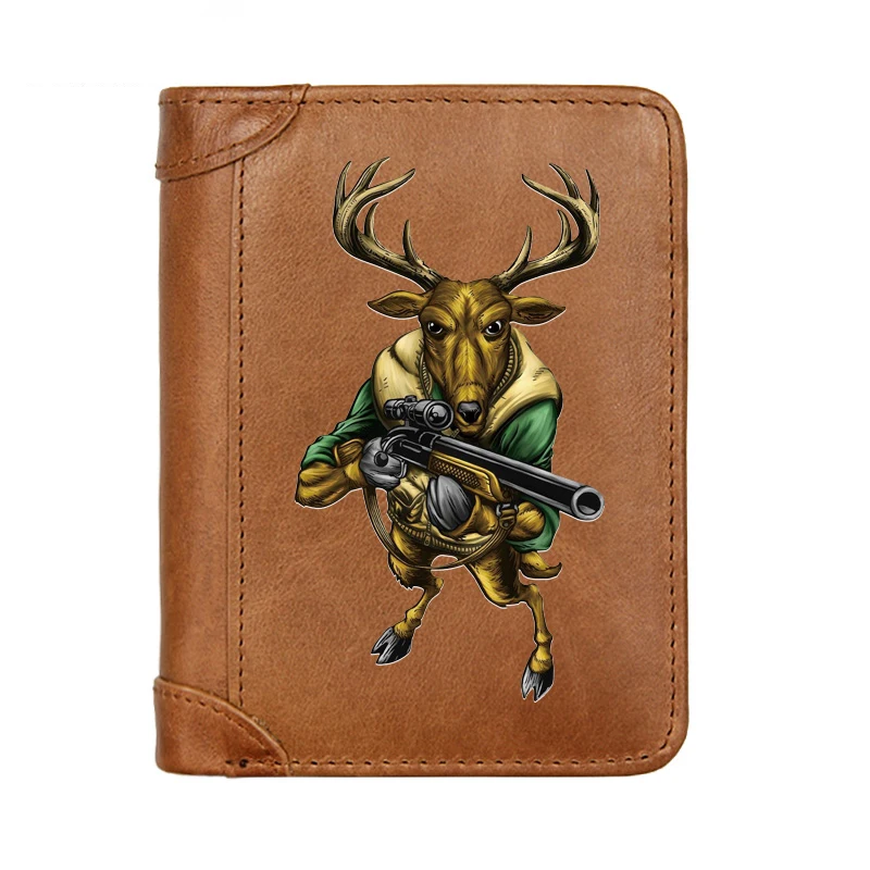 

Vintage Luxury Funny Elk Hunter Male Genuine Leather Wallets Men Wallet Credit Business Card Holders Purses Women Money Bag