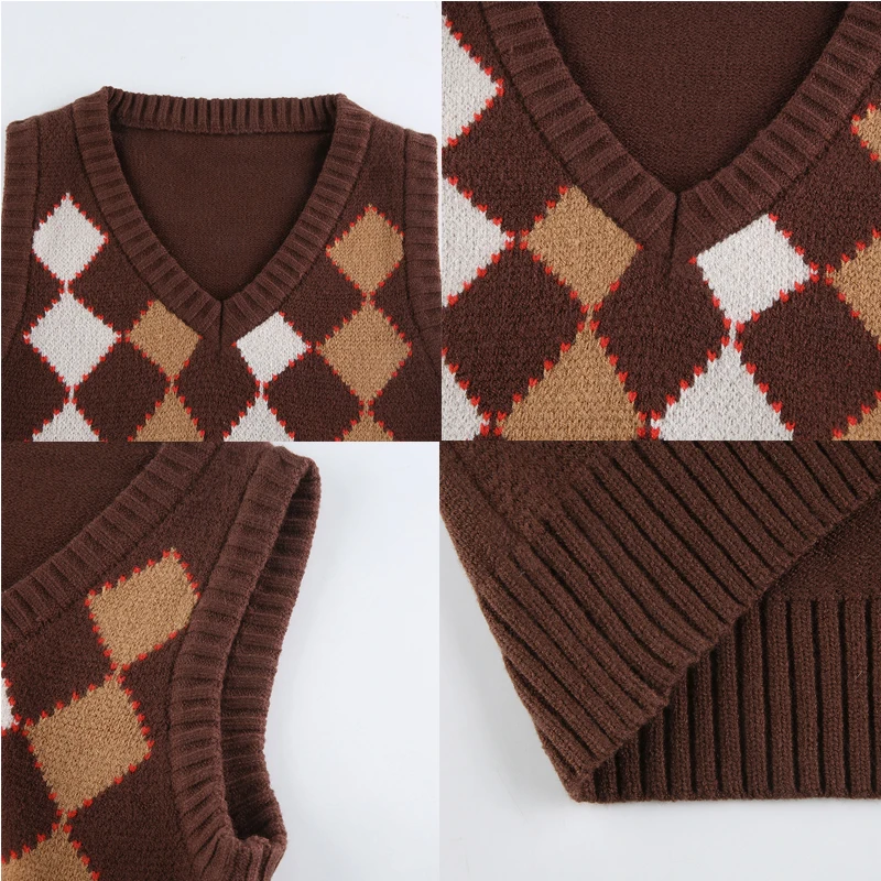 

2021 Brown Argyle Vintage Y2K Cropped Sweater Vest Autumn Sleeveless Knit Pullover Preppy Style Casual Plaid Knitwear 90s