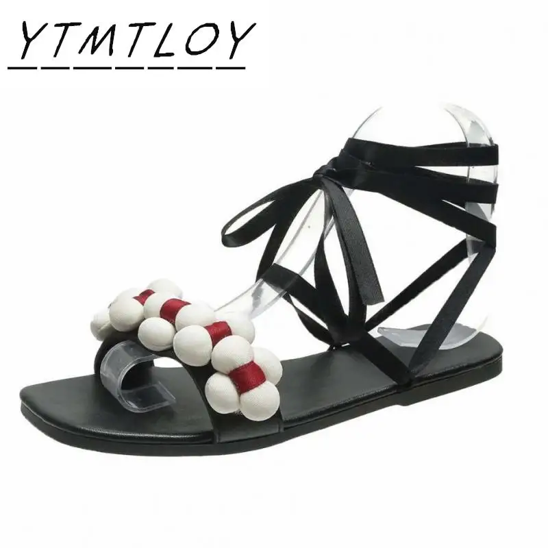 Сандалии женские на плоской подошве тонкие босоножки с ремешком щиколотке