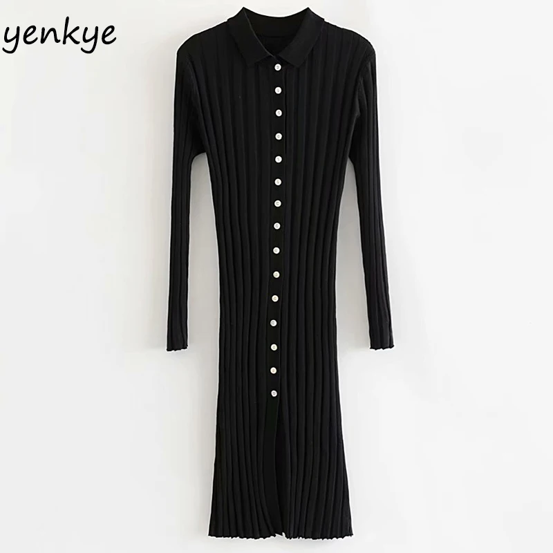 Женское трикотажное платье с отложным воротником винтажное черное облегающее