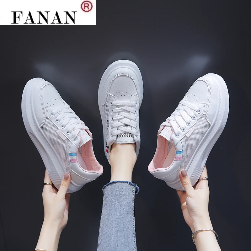 

Hollow Fashion Mesh Casual Flats Women Sneakers Lace Up White Round Toe Breathable Thick-Soled Sports Summer Thin Section Shoes
