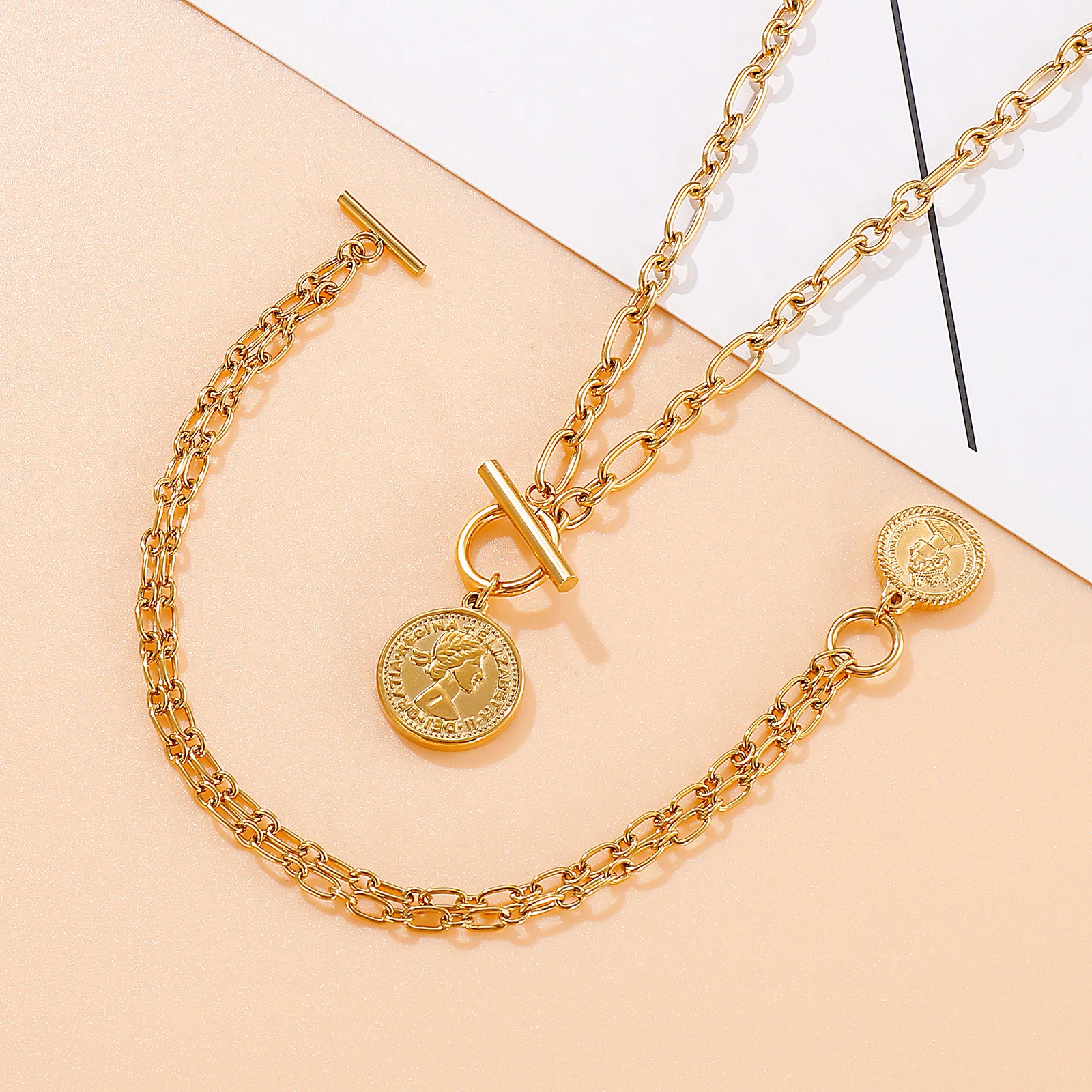 

Vintage Portrait Coin Bracelet Necklace Gold Fashion Simple Women Stainless Steel Jewelry Sets