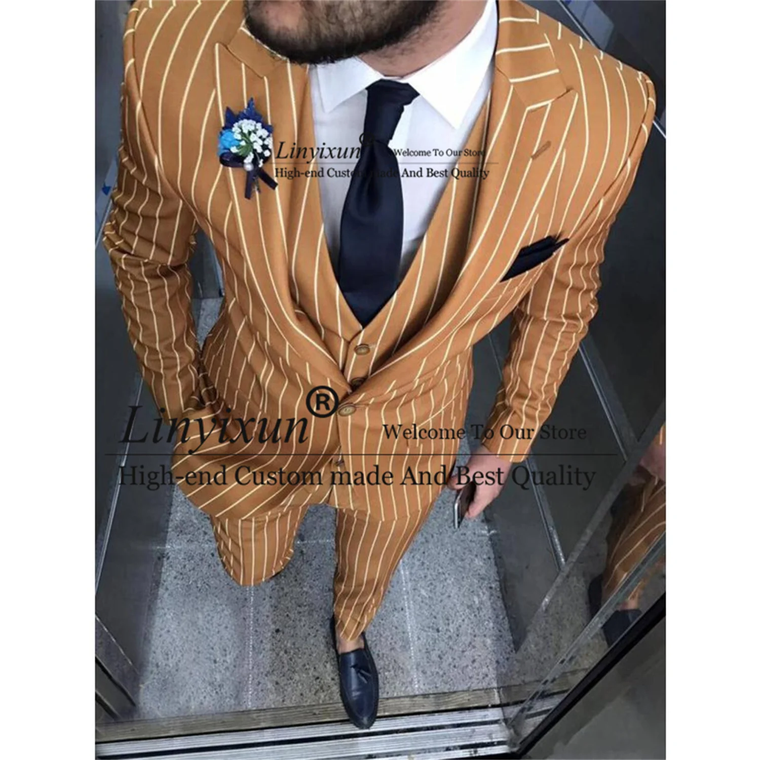 

Classic Brown Stripe Men Suits Slim Fit Wedding Groom Tuxedos Male Prom Blazer 3 Pieces Terno Masculino Set Jacket+Pant+Vest