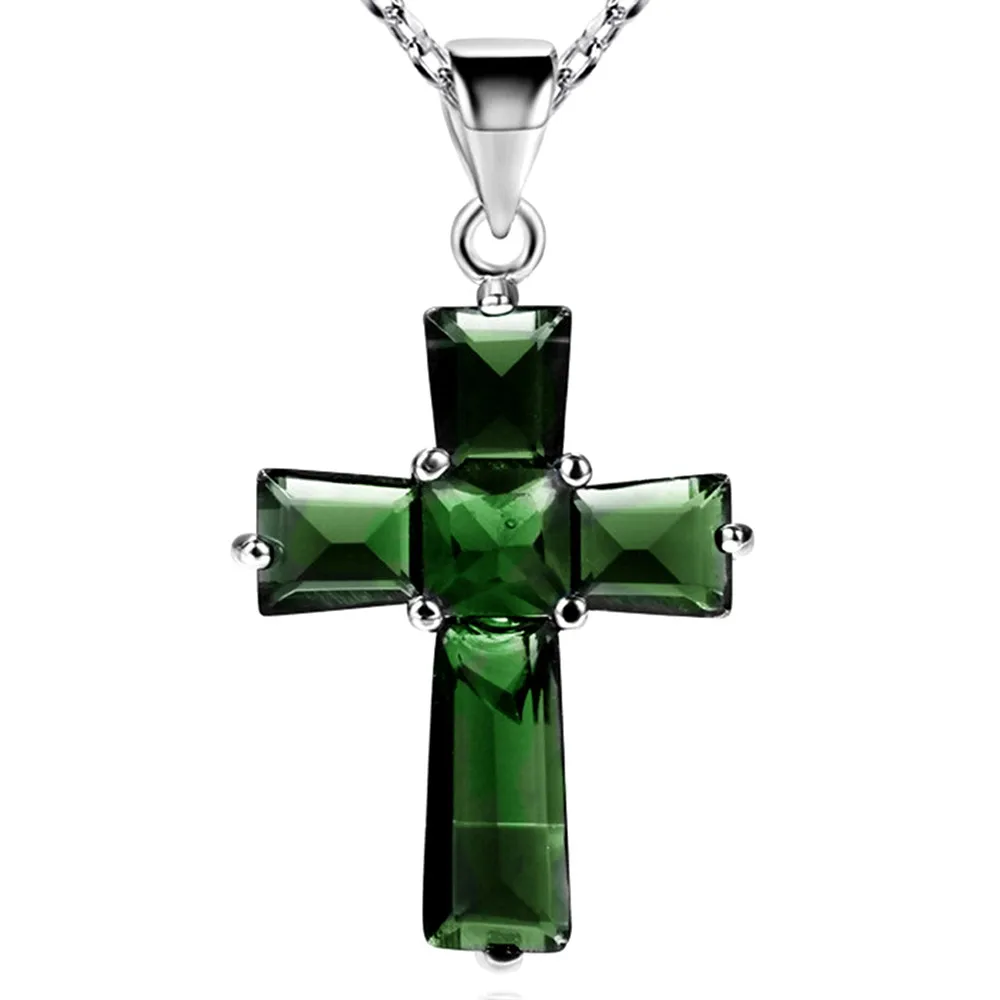 Женское колье с подвеской-крестом ожерелье зеленым кристаллом белым золотым и