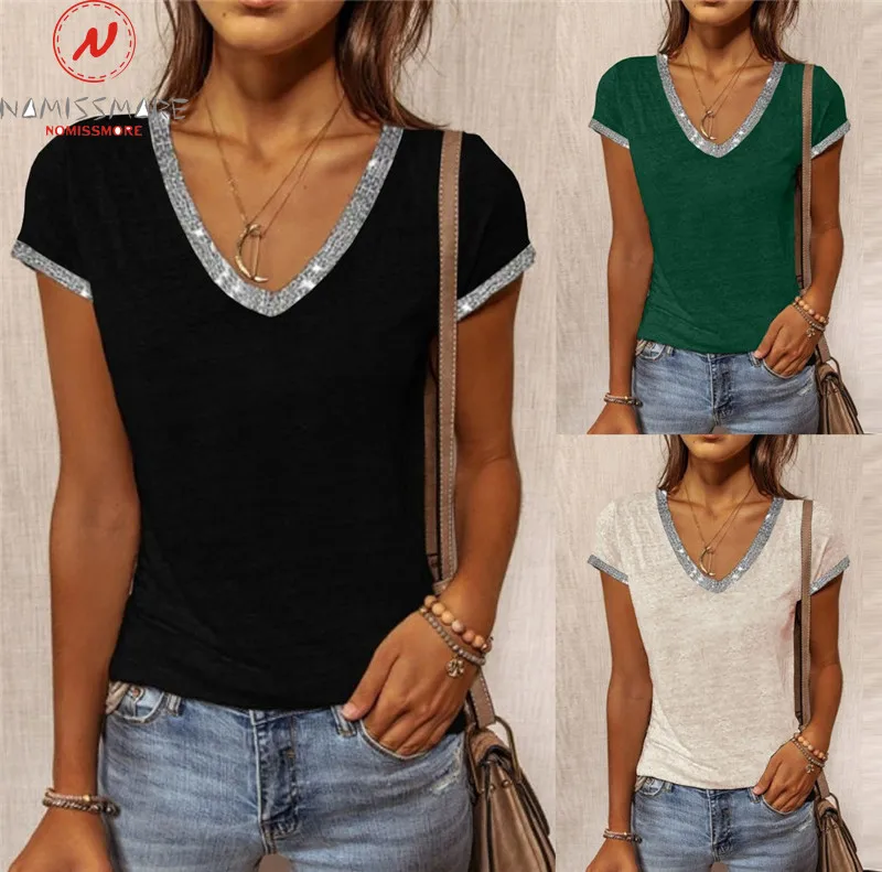 

Fashion Women Summer Solid Color T-Shirts Color Matching Design V-Neck Short Sleeve Casual Pullovers Top for Streetwear