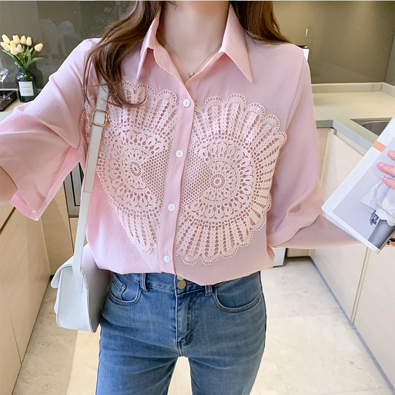 

Korean Women Shirt Chiffon Blouses for Women Half Sleeve Shirts Female White Lace Embroidery Blouse Tops Plus Size Woman Blouses