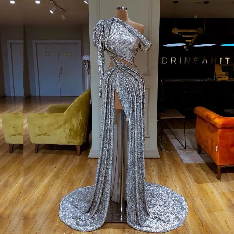 Вечерние платья с блестками сексуальные высоким разрезом на одно плечо без