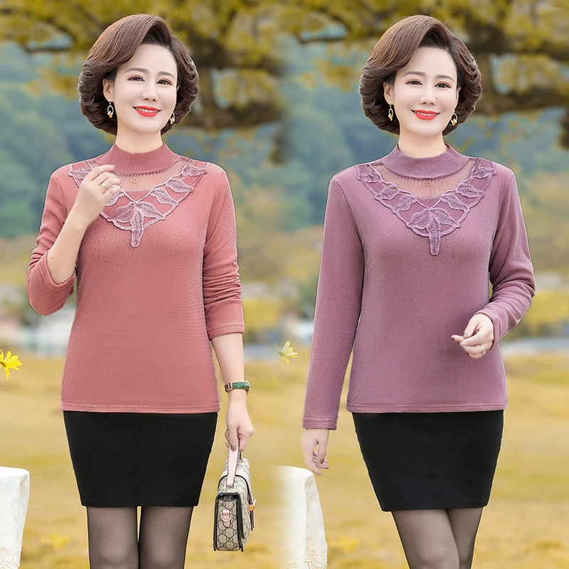 

Middle-Aged and Elderly Women's Clothing, Plush Thick Sweater, Applique, Hollow, Western Style, Autumn and Winter Mother's Dress
