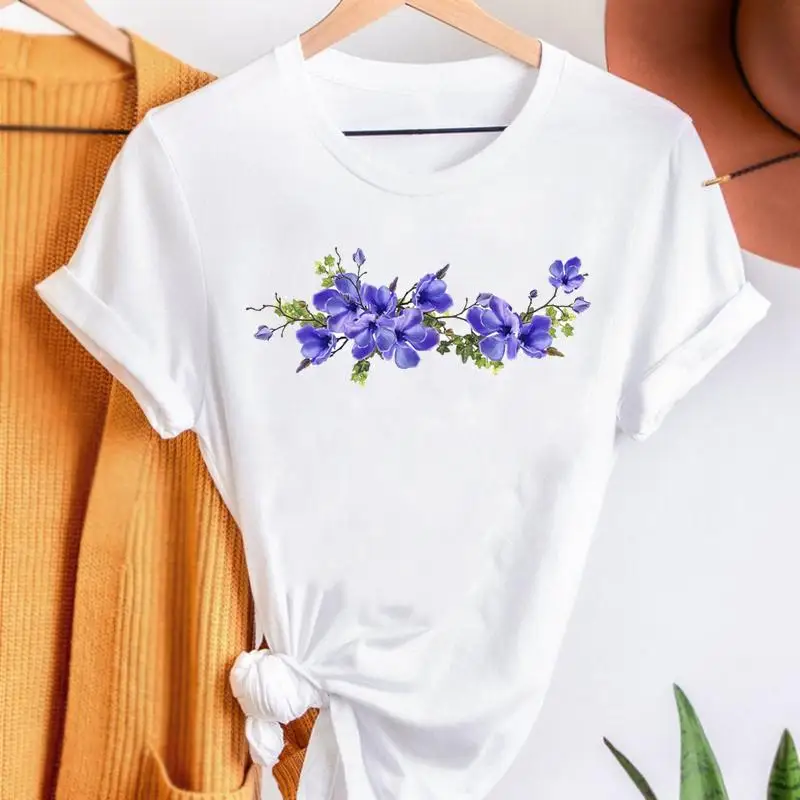 

Woman Cloth Graphic Casual Cartoon Kawaii Printing 90s Simple Clothes Lady Tee Tops Clothing Female Basic Floral Flower Pattern