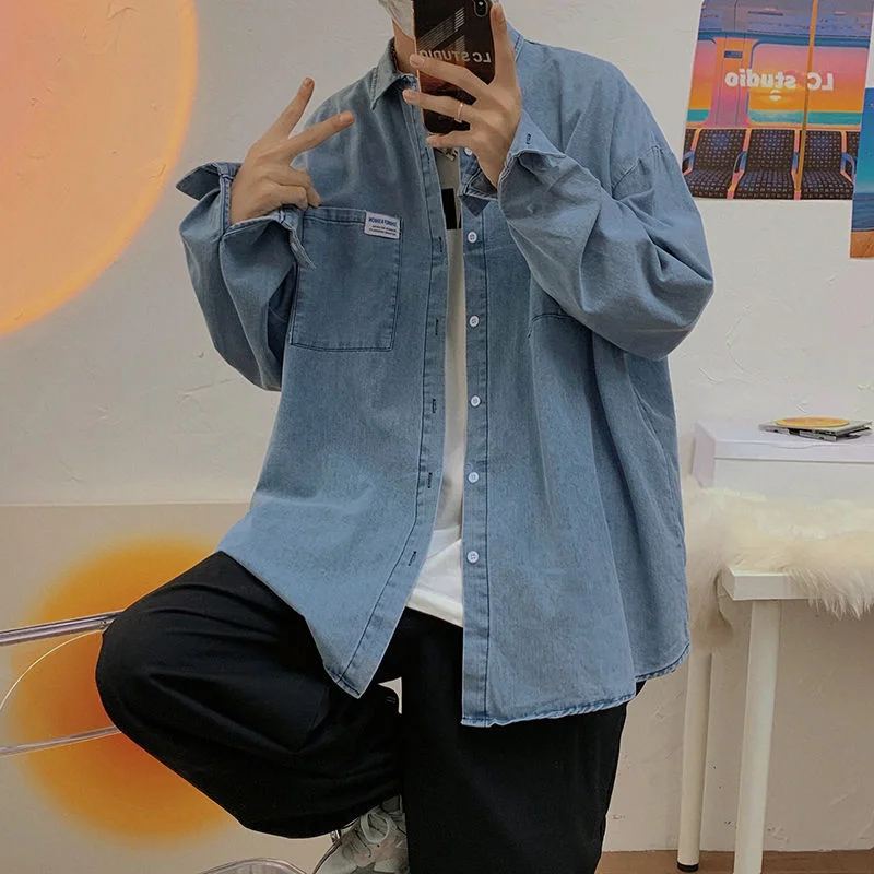 

2021 autumn new Denim shirt men's long sleeve top coat Korean version trend loose blue Recommend Free shipping streetwear