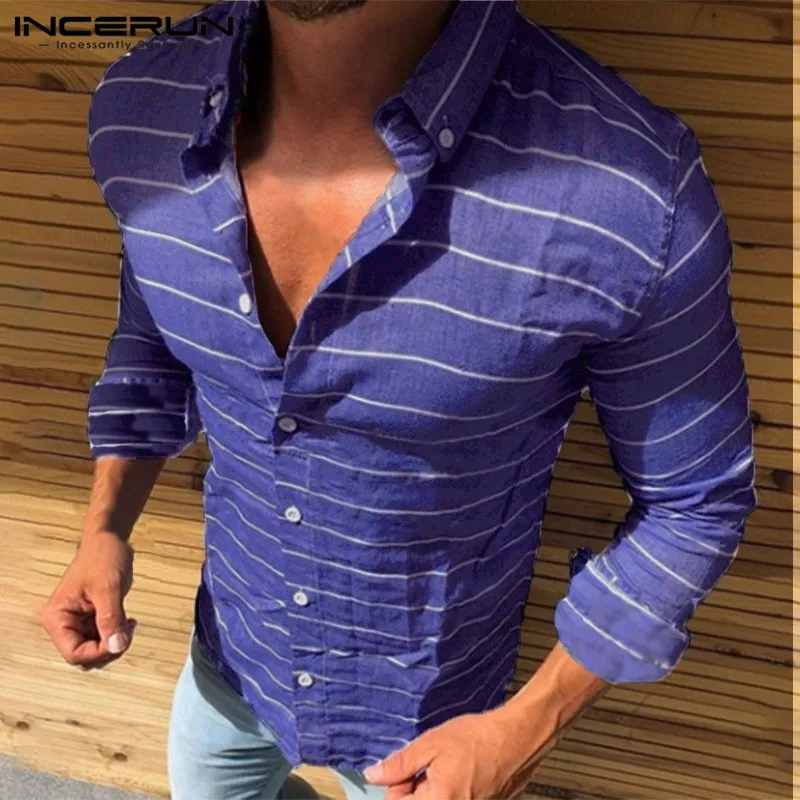 

INCERUN Fashion Men Striped Shirt Lapel Long Sleeve Camisa Masculina Streetwear Casual Dress Shirts Men Clothes Streetwear 2021