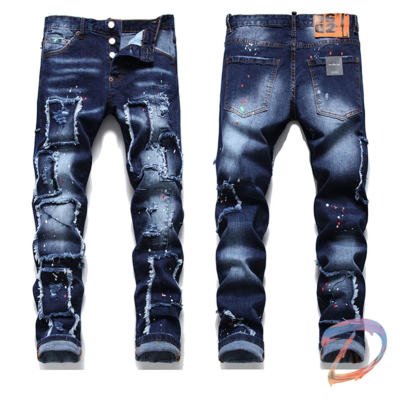 

DSQ2 Denim Pant High Quality Splash Ink Ripped Casuals Hip Hop Dsquared2 Men Jeans Trousers