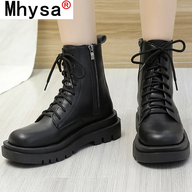 

2022 Autumn New Fashtion Platfrom Round Head Women's Casual Boots Lace-up Zipper Square Heel Women's Ankle Motorcycle Boots