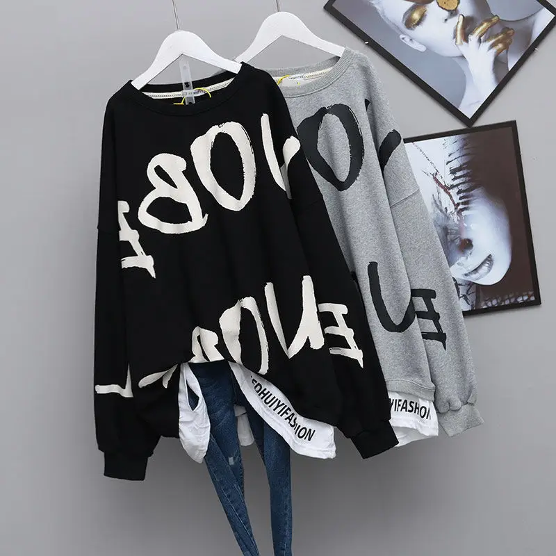 

QWEEK Letter Print Crewneck Sweatshirt Women Spring Coat Oversized Hoodies 2021 Fashion Korean Style Kpop Long Sleeve Tops Women