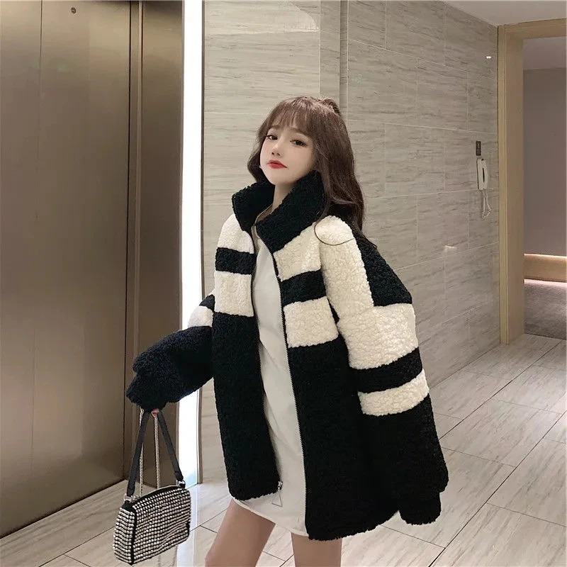 Lamb Wool Coat Women Winter Korean Version Of Thin Sweater Plus Velvet Thickening Contrast Color Wild Lazy Style Fried Street To |
