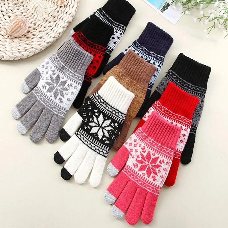

Creative Fashion Snowflake Printing Gloves Mobile Phone Touch Screen Knitted Gloves Winter Thick & Warm Adult Gloves Men Women