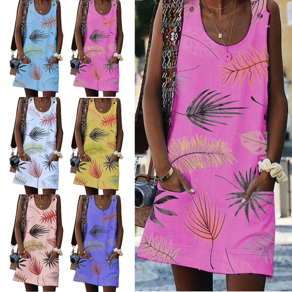 Мягкое домашнее повседневное женское платье без рукавов с принтом в виде листьев