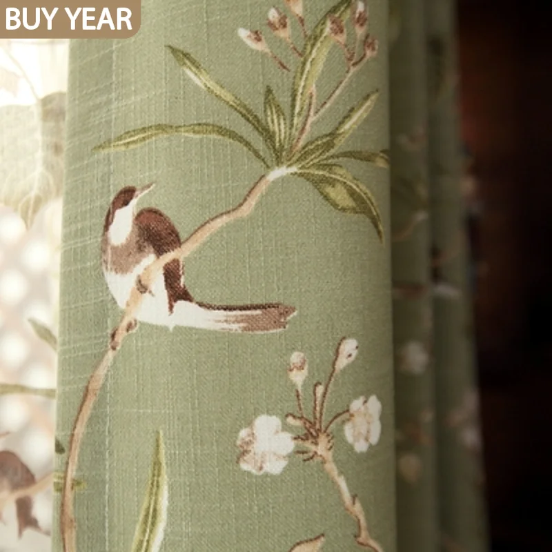 Rural Curtains for Living Room Dining Bedroom American Country Style Flower Bird Cotton and Linen Fabric Curtains Customization