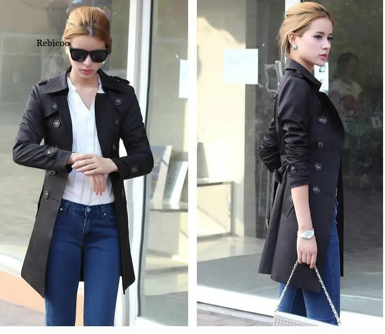 Women's Spring and Autumn Windbreaker Korean Style Double-Breasted Belted Mid-Length Coat