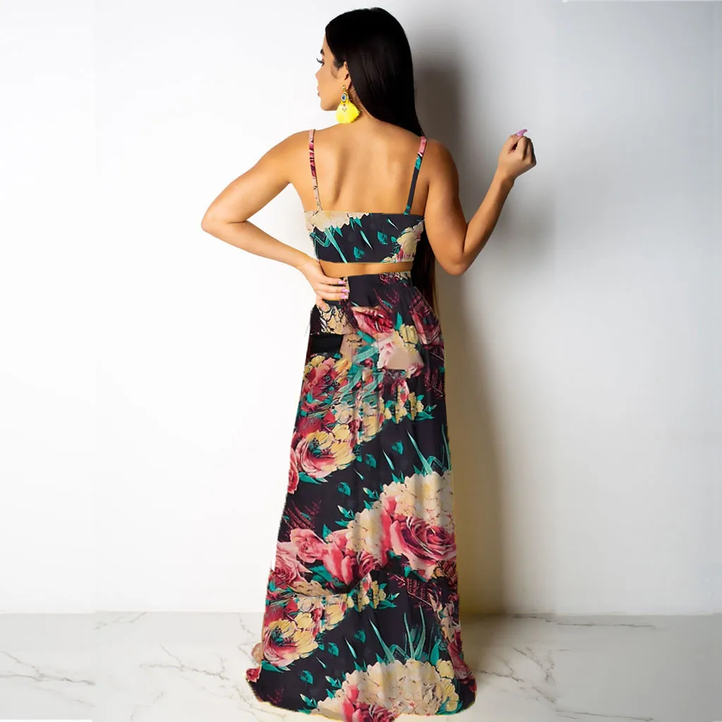 

Women Sexy Nightclub Floral Print High Waist Summer Chiffon Sleeveless Asymmetrical V-Neck Vest Crop Tops Maxi Long Skirt Set