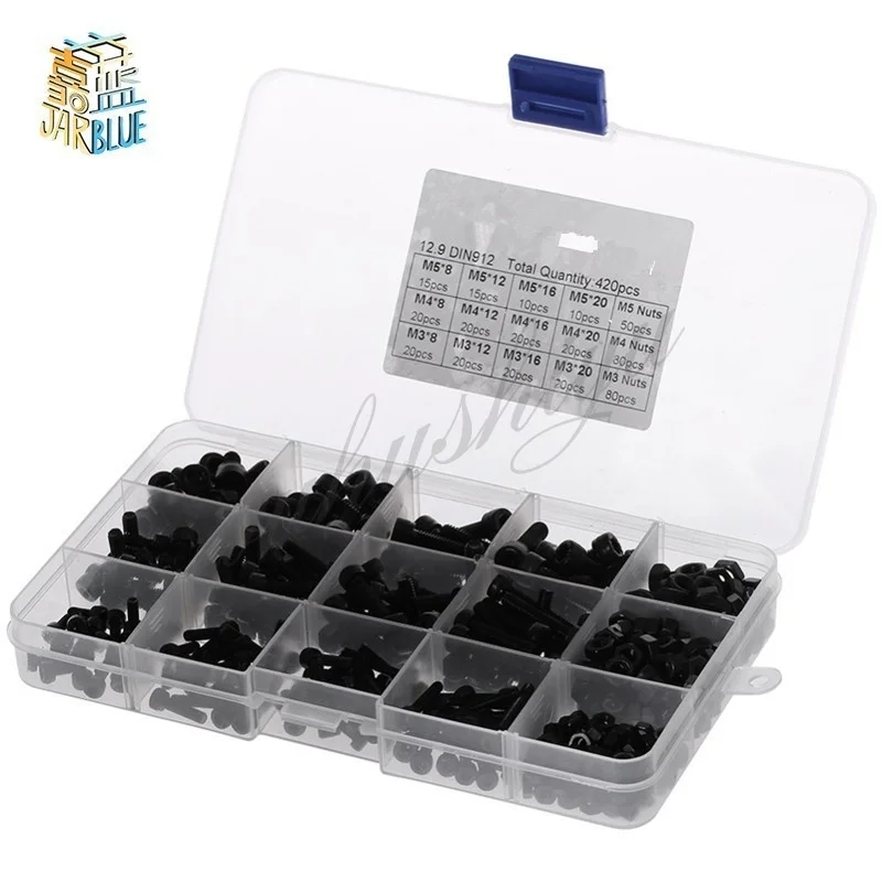 420Pcs/set M3 M4 M5 Carbon Steel Hex Socket Cap Head Screws and Nuts Assrotment Set Fastener Hardware | Обустройство дома