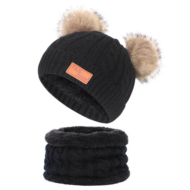 

2020 Cute children's Knitted hat and scarf Hat Beanie-Cap Pompom Furry ball Baby Hats Knitted Newborn Baby Hat Beanie Pompom-Cap