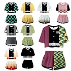 Костюм для косплея Kimetsu No Yaiba из японского аниме, женский, короткий, Demon Slayer, Kamado Tanjirou, топ с принтом, штаны, комплект для сна