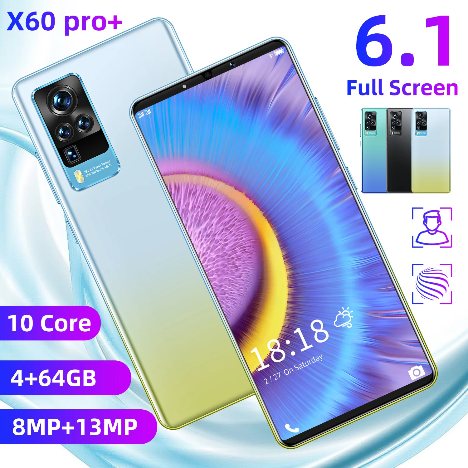 

Hot Sale Global 5G Smartphone X60 Pro+ 6.1Inch 1440*3200 MTK6889 10Core 4+128GB 5200MAH Finger Face ID Dual SIM Card Android