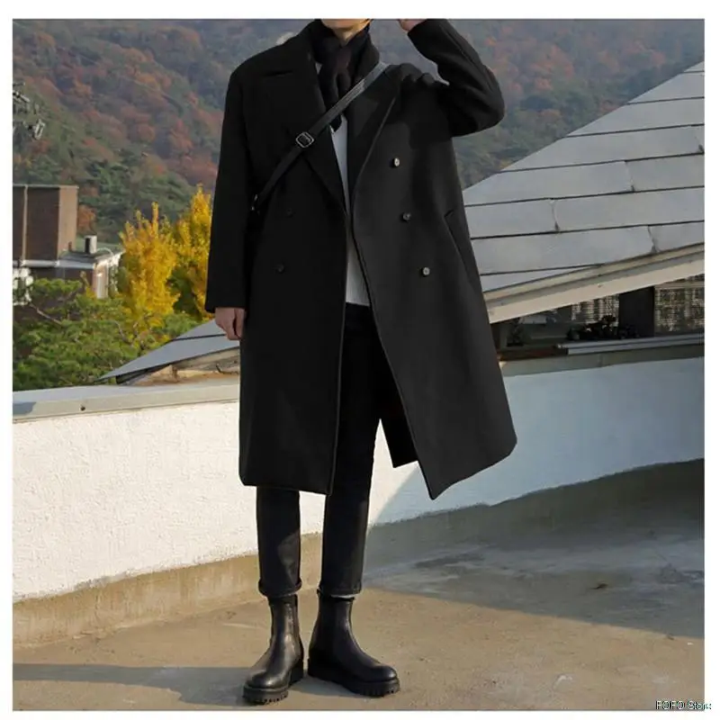 

Модное двубортное длинное пальто в Корейском стиле, мужское утепленное шерстяное пальто, мужской зимний Тренч с поясом, Мужское пальто