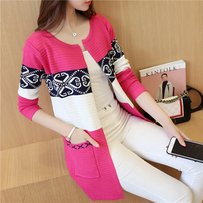 

2021 Spring Women's Long Sweater Cashmere Autumn Cardigan Knitting Sweater Pink Black Red Print Winter Fashion Slim